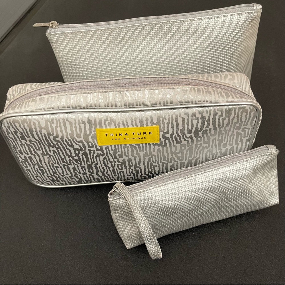 Trina Turk x Clinique Metallic Silver Bag Trio Zippered Travel Cosmetic Cases